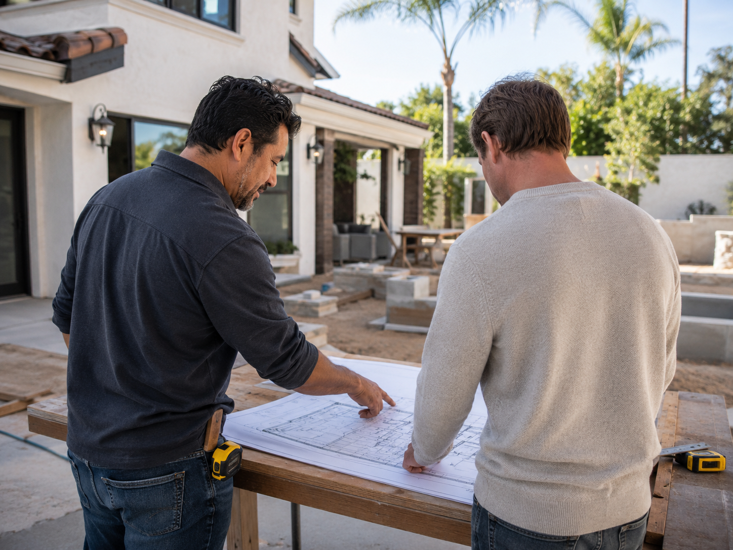 Contractor reviewing a project plan on site